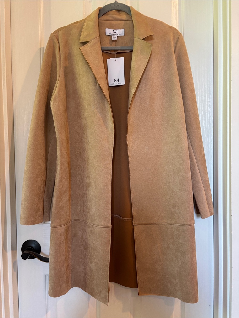 Magaschoni Camel Faux Suede Open-Front Trench Coat